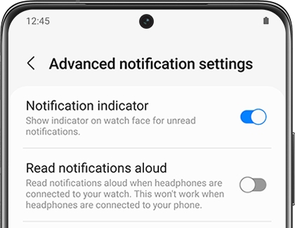 List of Advanced notification settings in the Galaxy Wearable app