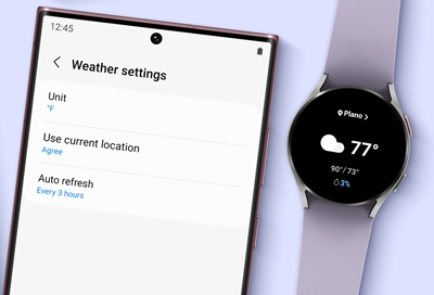 Galaxy Watch5 displaying weather app and S22 displaying weather settings