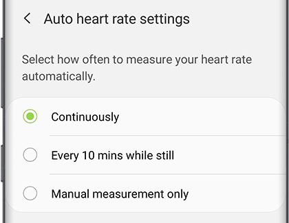 Auto HR settings in Galaxy Wearable app