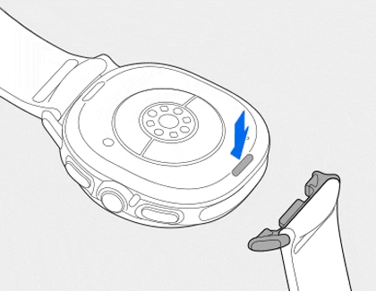 Galaxy Watch with the band being attached while the band button is pressed.