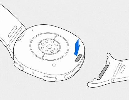 A watch strap being aligned to connect to a smartwatch, with an arrow indicating the slot.