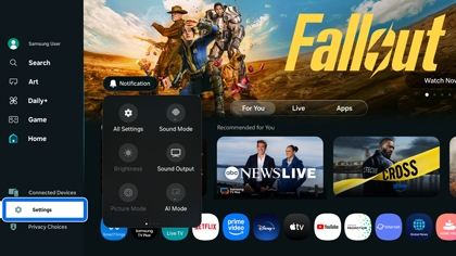 Samsung MovingStyle Home screen with Settings highlighted on the left menu