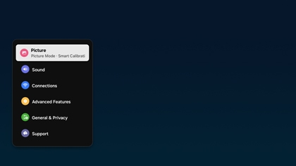 Samsung MovingStyle Settings menu showing Picture, Sound, Connections, and Support options.