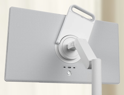 Rear view of the Samsung MovingStyle attached to the stand with ports visible.