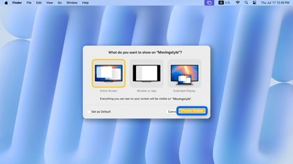 Mac dialog asking what to show on MovingStyle with screen sharing options