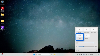 Windows quick settings panel with Cast highlighted.