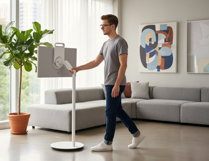 Man pushing a MovingStyle on a white floor stand through a living room with a gray sofa.