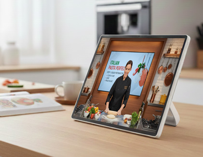 MovingStyle screen displaying a cooking video on a wooden kitchen counter.