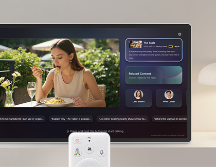 MovingStyle screen showing a woman eating and a Vision AI sidebar with related content info.
