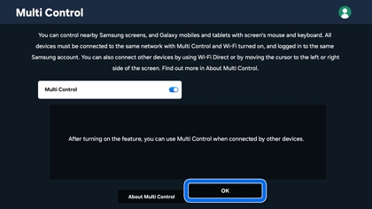 Multi Control feature description screen with the toggle turned on.