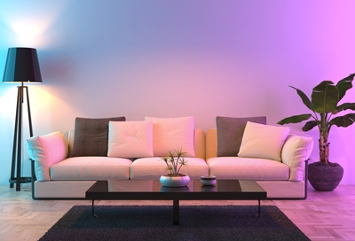 A living room with ambient lighting