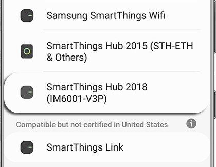 SmartThings Hub (IM6001-V3P) highlighted on a list of Wi-Fi/Hub