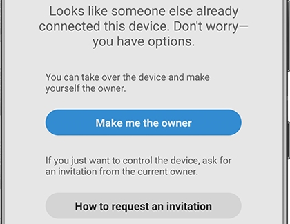 A list of options for registering a device that already has a owner in the SmartThings app