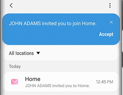 Messages screen with a notification that JOHN ADAMS has invited you to join Home