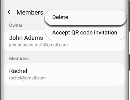 Members screen with More options bubble displaying Delete option