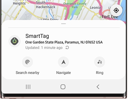 SmartTag device map with Search nearby, Navigate, and Ring options in the SmartThings app