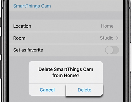 Delete highlighted in the SmartThings app on an iPhone