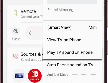 Play TV sound on Phone highlighted on a Galaxy phone
