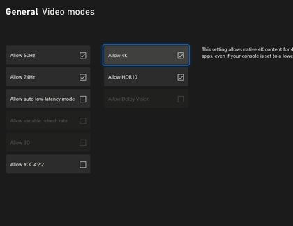Allow 4K and Allow HDR10 checked settings screen