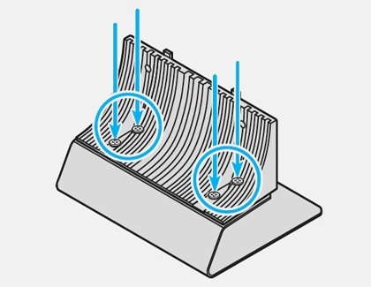 Illustration showing how to attach a Samsung TV to the included stand by aligning the screw holes.