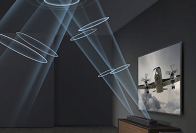 Illustration of sound waves coming from a Samsung home theater system