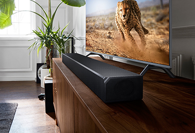 Soundbar in front of a TV with a cheetah on it