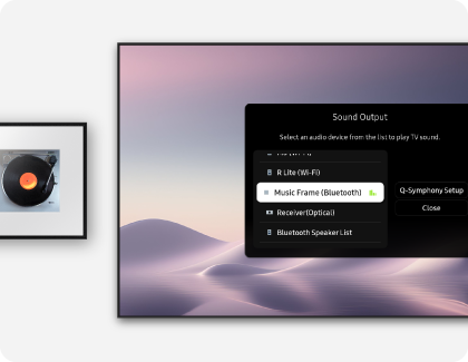 A Samsung TV showing the Sound Output menu, positioned alongside a Samsung Music Frame on a white wall.