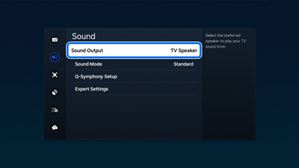 Sound Output highlighted in Sound settings on a Samsung TV