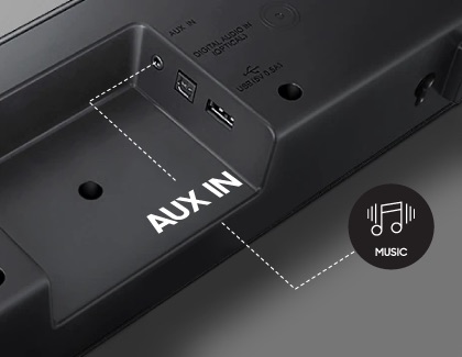 Close-up of the back of a Samsung soundbar showing the AUX IN port labeled for music, along with USB and Digital Audio IN (Optical) ports.