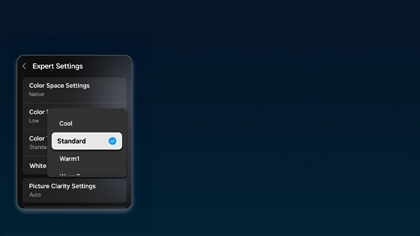 A Samsung TV screen showing the Expert Settings menu with the Color Tone set to Standard.