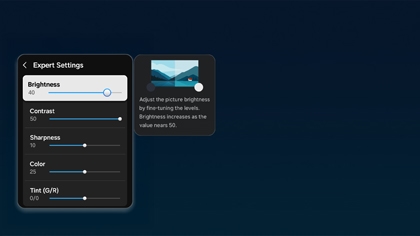 Samsung TV screen displaying the Brightness setting under Expert Settings, with an adjustment bar set to 40 and a description tooltip explaining its effect.
