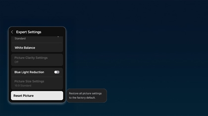Samsung TV screen displaying the Reset Picture option in the Expert Settings menu to restore all picture settings to the factory default.
