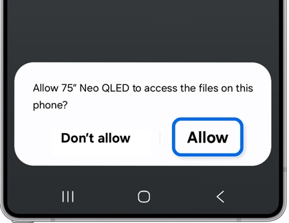 A permission prompt on a Galaxy phone asking to allow a 75 Neo QLED TV to access files, with the Allow option highlighted