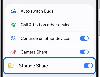 The Storage Share option highlighted and toggled on in the Connected devices settings menu on a Galaxy phone