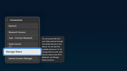 The Storage Share option highlighted in the Connections settings menu on a Samsung TV