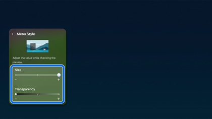 Samsung TV screen shows the menu style settings with size and transparency adjustment sliders highlighted.