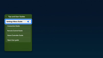 Samsung TV screen displays the Tips and User Guides menu with the Settings Menu Guide switch enabled and highlighted.