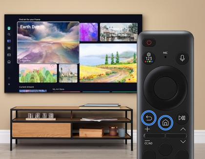 A Samsung remote control with highlighted Home and Return buttons in the foreground, and a Samsung TV displaying the Art Store interface in the background