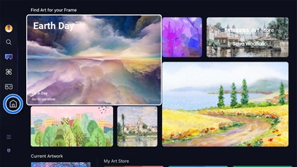 A Samsung TV screen displaying the Art Store interface, with the Home icon highlighted on the left side menu