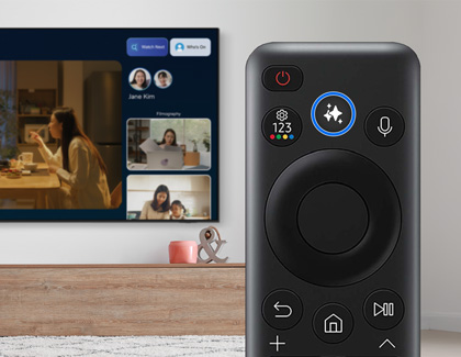 A Samsung remote control with the AI button highlighted, and a Samsung TV in the background displaying cast information.