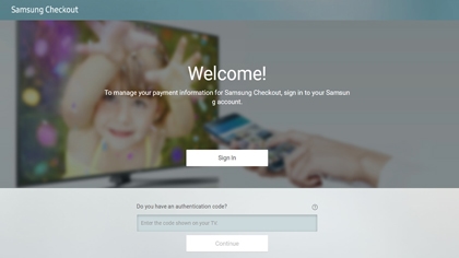 Samsung Checkout login page with a welcome message, a Sign in button, and an authentication code entry field.