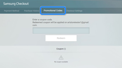A Samsung Checkout screen with the Promotional Codes tab highlighted.