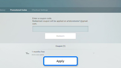 A Samsung Checkout screen displaying a redeemed coupon for one month free, with the Apply button highlighted.