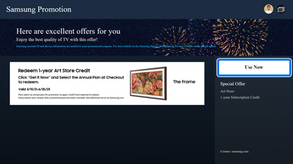 A Samsung Promotion page offering a 1-year Art Store credit for The Frame TV, with a Use Now button highlighted for redemption.