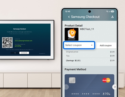 A Samsung Checkout screen on a smartphone with a Select coupon option highlighted.
