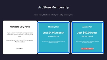 The Art Store Membership page on a Samsung TV, highlighting the Monthly and Annual plan options