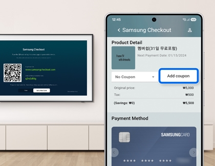 A Samsung phone displaying the Samsung Checkout screen with the Add coupon option highlighted, while a Samsung TV in the background shows the checkout screen
