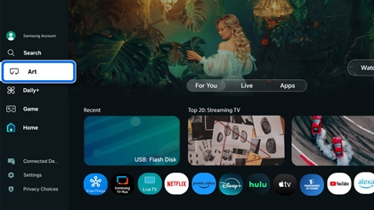 A Samsung TV home screen with the Art tab highlighted in the side menu