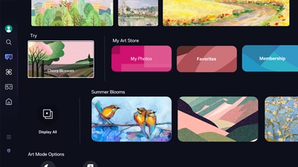 A Samsung TV screen displaying the Art Store interface with various artwork collections and categories like My Photos, Favorites, and Membership