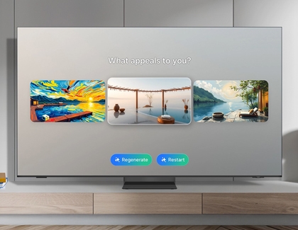 Samsung TV screen showing AI-generated art style options with buttons to regenerate or restart the experience.